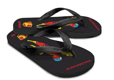 Werbeartikel: Flippige Sandalen mit Logodruck